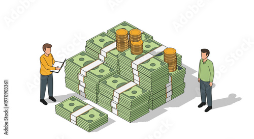 Isometric illustration of two men managing a massive pile of dollar bills and golden coins representing extreme wealth and financial power.