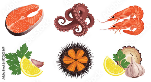 Exquisite collection of seafood illustrations featuring salmon steak, fresh octopus, shrimp, and garnishes like lemon and garlic for fine dining.
