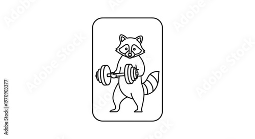 Strong Raccoon Lifting Weights, Fitness Animal Cartoon Character