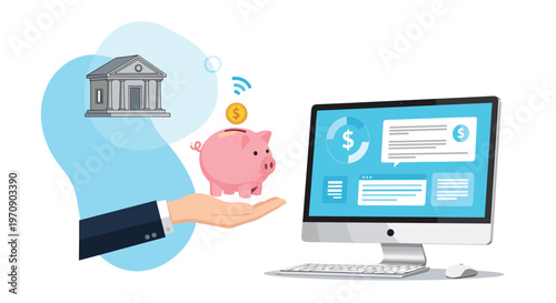 Illustration of online banking concept showing a hand holding a piggy bank near a bank building and a computer monitor with financial data.