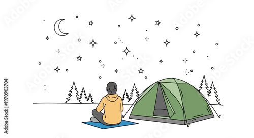 Person sitting next to green tent.