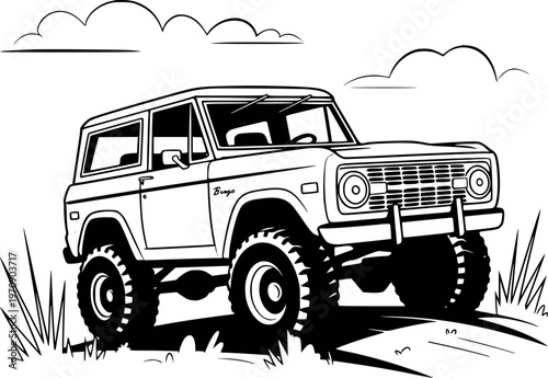 Classic off road vehicle with large tires parked uneven terrain with clouds above