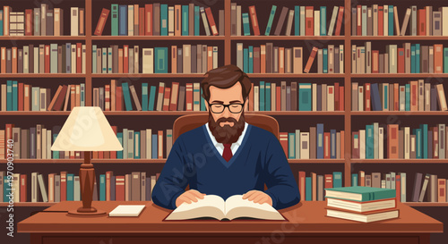 Intellectual man with a beard and glasses deeply focused on reading an open book at a desk in a classic library with many bookshelves.