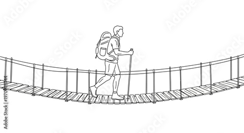 Person walking on suspension bridge alone.