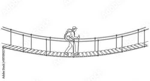 Person walking on suspension bridge alone.