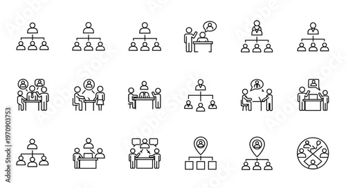 Business organizational chart icons collection representing corporate hierarchy, team collaboration, and leadership management structures for projects.