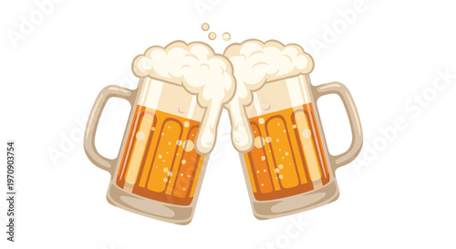 Close up illustration of two foaming mugs of golden beer clinking together in a celebratory toast against a white background.