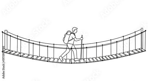 Person walking on suspension bridge alone.