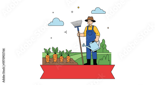 Cheerful male farmer standing in a vegetable garden holding a rake and watering can next to a row of growing carrots in a peaceful rural field.