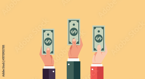 Diverse business hands raised and holding one-dollar bills against a yellow background representing payment, investment, or charity donations.