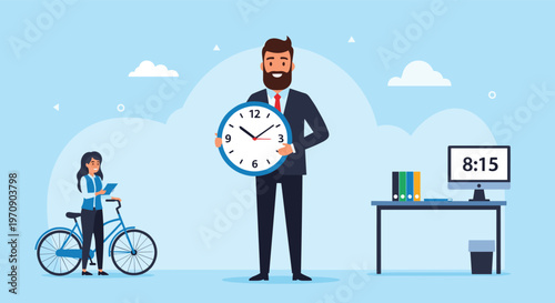 Time management and productivity concept featuring a man holding a large clock and a woman standing with a bicycle.