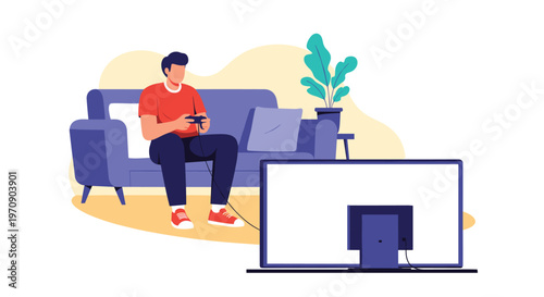 Young man sitting on a sofa playing video games on a large television screen in a cozy living room environment.