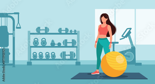Fitness and wellness concept with a woman standing in a gym next to an exercise ball and various workout machines.