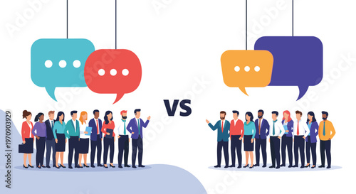 Business competition or debate concept showing two groups of professional people facing each other with bubbles.