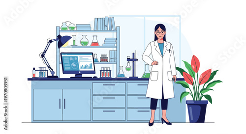 Professional female scientist standing in a modern laboratory equipped with computer, test tubes, chemical flasks, and research data.