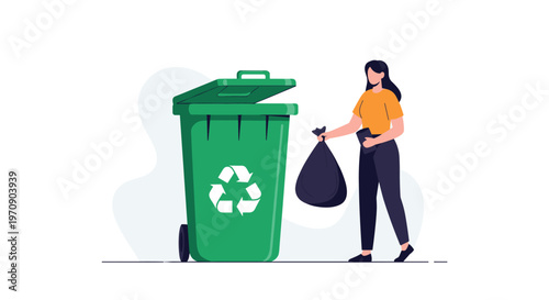 Environmentally conscious woman disposing of a black trash bag into a large green recycling bin with the universal recycling symbol.