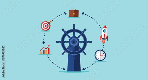 Strategic business leadership concept with a ship steering wheel surrounded by icons for goals growth and time.