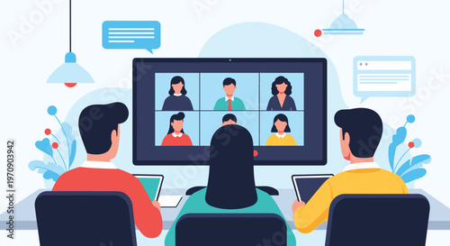 Team of professionals engaging in a remote video conference call using a large digital screen to communicate with various colleagues.