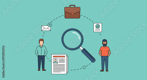 Recruitment and human resources concept featuring a large magnifying glass, resume document, briefcase, and potential job candidates.