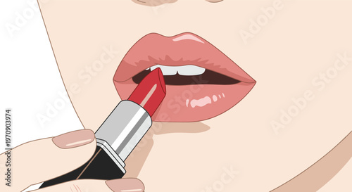 Close up detailed illustration of a woman applying bright red lipstick to her lips to enhance her makeup and beauty appearance.
