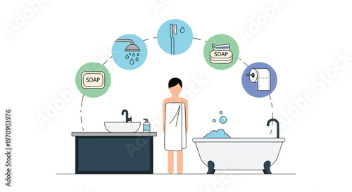Clean personal hygiene infographic showing a woman in a towel with essential bathroom items like soap, shower, and toothbrush icons.