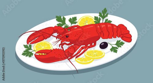 Deliciously prepared whole red lobster served on a white platter garnished with fresh lemon slices, black olives, and green parsley.