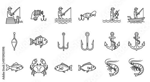 Extensive collection of black and white line icons representing various fishing activities, equipment, hooks, anchors, and sea creatures.