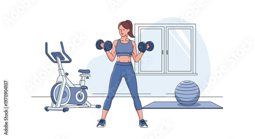 Fit young woman performing strength training exercises with dumbbells in a bright home gym equipped with a bike and fitness ball.