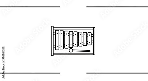 Simple Outline Illustration of a Wooden Xylophone with Mallet on White Background