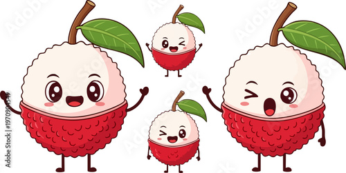 Kawaii lychee fruit character set, cute tropical fruit mascot with funny facial expressions, 4 cartoon lychee vector icons for kids design