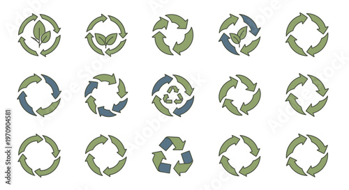 Eco-friendly recycling symbols vector set. Green and blue sustainable waste management icons collection.