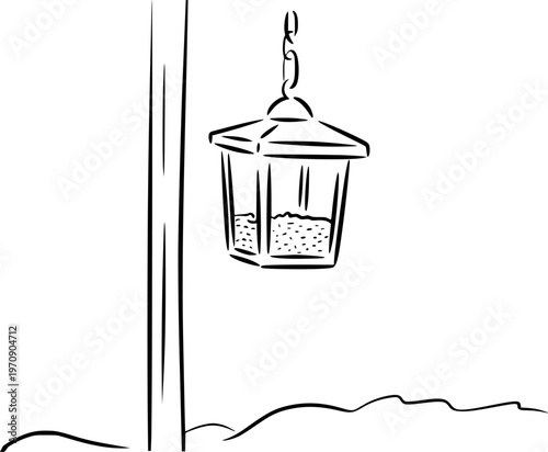 Hand drawn of a hanging lantern filled with birdseed a pole handdrawn feeder