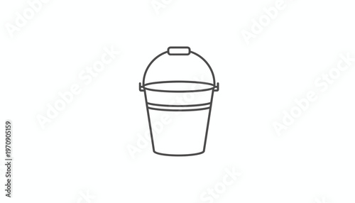 Simple line drawing of a classic metal bucket with a handle, isolated on a white background.