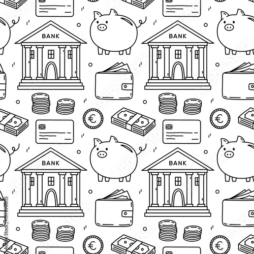 Seamless finance pattern with money, piggy bank, wallet, credit card, bank, coins and cash. Black and white doodle background for business, investment design. Vector hand-drawn illustration.