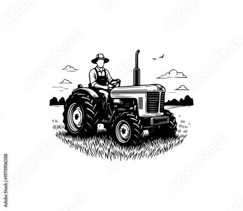 Vintage Farmer Operating Classic Tractor in Field
