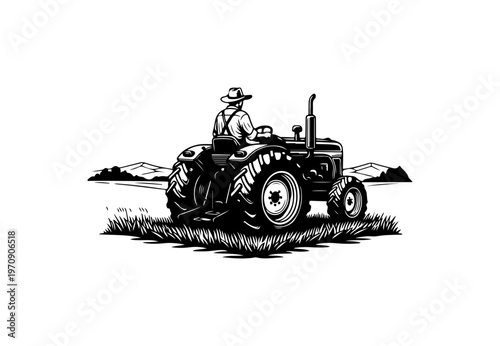 Vintage Farmer Operating Classic Tractor in Field