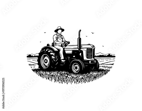 Vintage Farmer Operating Classic Tractor in Field