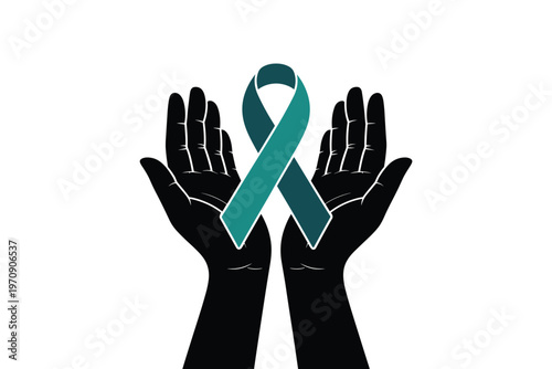 Hands Holding Teal Ribbon Awareness Support Concept
