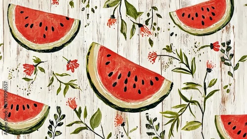 Watermelon slices and flowers on a white wooden background