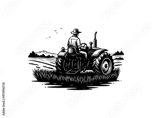 Vintage Farmer Operating Tractor in Field