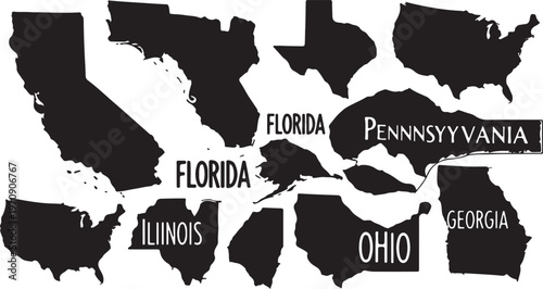 A collection of solid black US state silhouettes featuring intentionally mismatched and incorrect state name labels for ironic or humorous design.