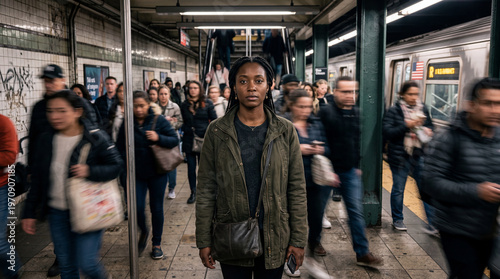 Vibrant urban flow blurs around a poised woman standing resolute on a New York City subway platform