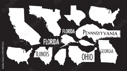 Collection of solid white US state silhouettes with intentionally incorrect text labels for a humorous or ironic graphic effect.