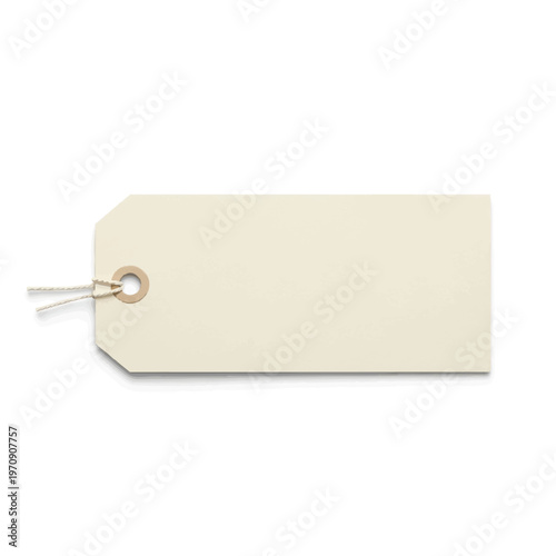 Minimal blank tag label with string and metal eyelet on white background.