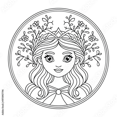 A woman with elaborate hairstyle and floral headpiece looking forward isolated on white background, Vector