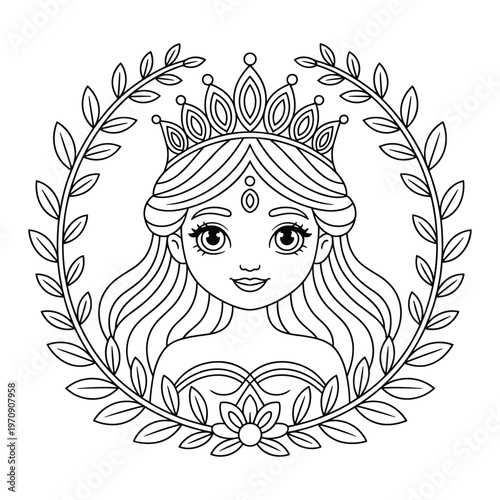 A woman with intricate floral hair and leafy adornments around her shoulders isolated on white background, Vector