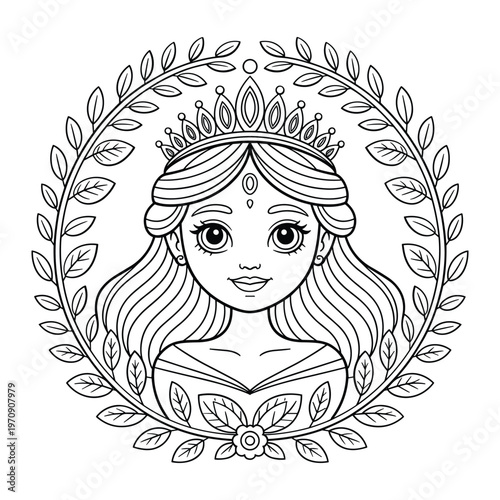 Portrait of a woman with intricate floral hair accessories in monochrome isolated on white background, Vector