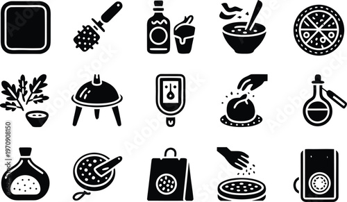 Essential pizza making tools and ingredients icon set featuring dough preparation, tomato sauce, olive oil, fresh herbs, and professional wood fired oven, cad drawing flat vector illustration