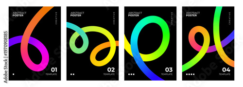Set of abstract posters. Vibrant color gradient curved thick flowing lines on black background. Vector illustration.