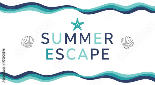 Summer escape theme, beach vacation graphics, ocean wave border, starfish and seashell icons
